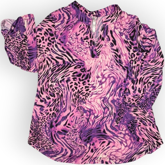 Dear Scarlett Tops - Dear Scarlett Lizzy Purple Pink Animal Print V-Neck Blouse Top Large tab slinky